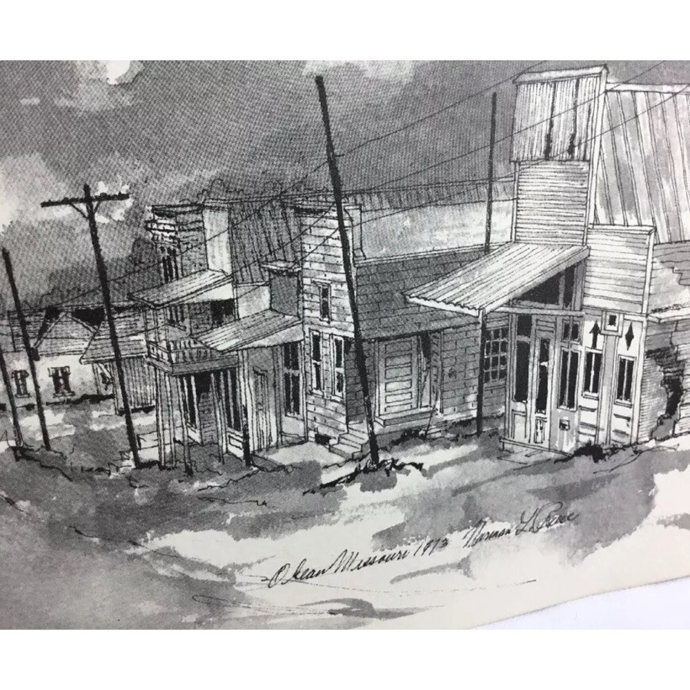 Vintage 1973 Olean‎ Missouri Town Scene Architectural Sketch Print 17x11 Double
